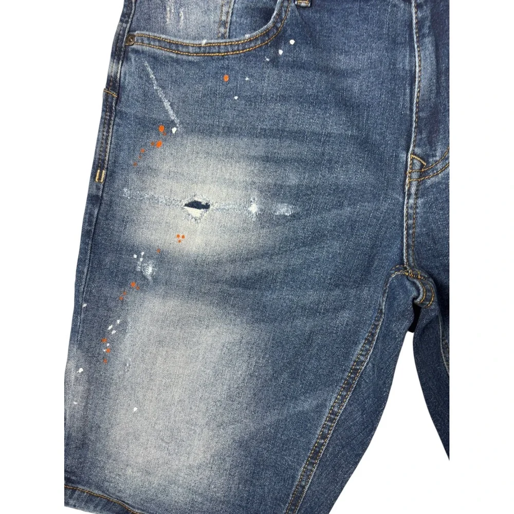 Mog Original Distressed Paint‎ Splatter Denim Shorts Mens Blue Streetwear